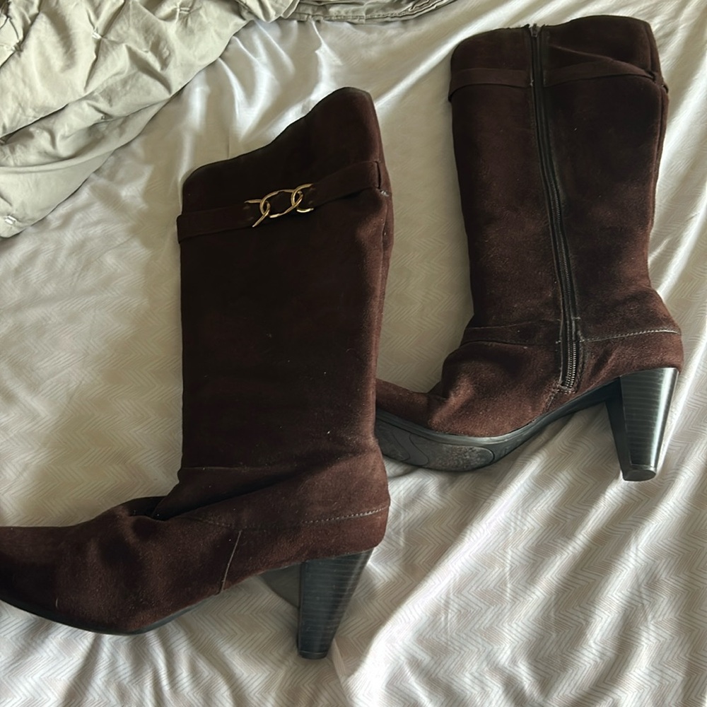 Predictions Brown Fabric Heeled Knee Boots - 11